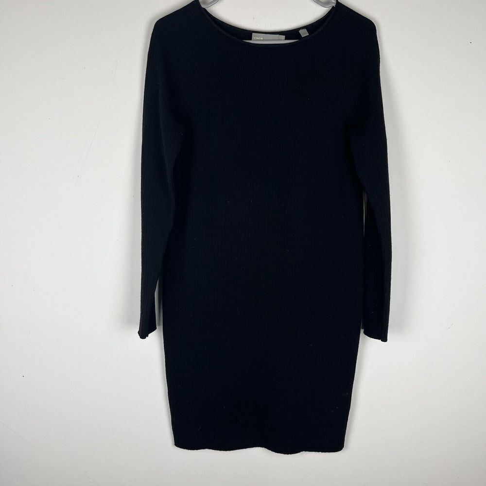 Vince Ribbed Knit Sweater Dress Womens XS Black Merino Wool‎ Long Sleeve …​